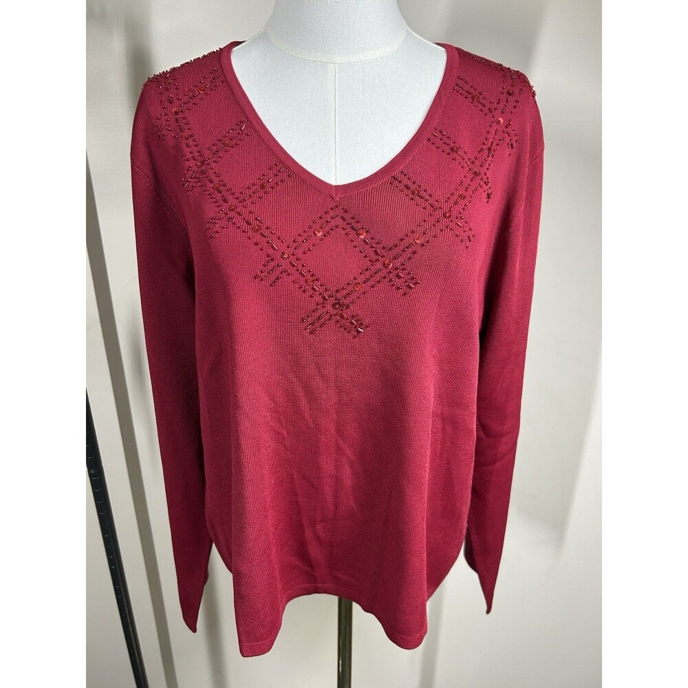East 5TH Women's Pullover Size XL Classic Red Beaded Neckline $44 NEW 111